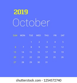 2019 Happy New year October Calendar Template. Christmas Background