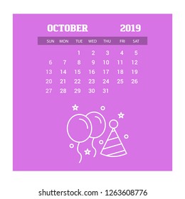 2019 Happy New year October Calendar Template. Christmas Background