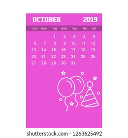 2019 Happy New year October Calendar Template. Christmas Background
