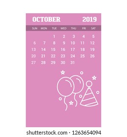 2019 Happy New year October Calendar Template. Christmas Background