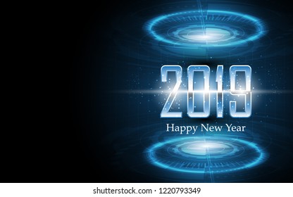 2019 Happy new year on technology abstract background