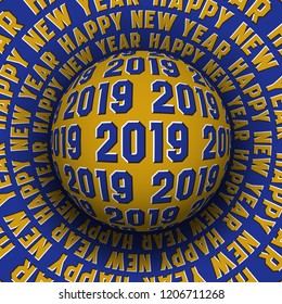 2019 Happy New Year optical illusion greeting card. Patterned sphere rolling on rotating surface.