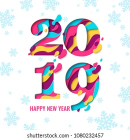 2019 Happy New Year paper craft holiday background with snowflakes pattern. Vector winter holiday greeting card with paper cut numbers 2019 design for seasonal flyers, banners, posters.