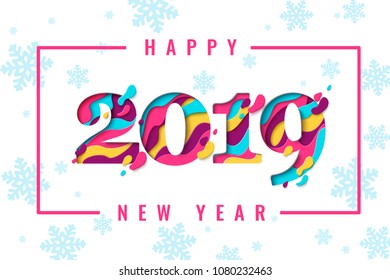 2019 Happy New Year paper craft holiday background with snowflakes pattern. Vector winter holiday greeting card with paper cut numbers 2019 design for seasonal flyers, banners, posters.