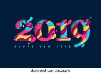 2019 Happy New Year paper craft holiday background. Vector winter holiday greeting card with paper cut numbers 2019 design for seasonal flyers, banners, posters.