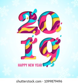 2019 Happy New Year paper craft holiday background with snowflakes pattern. Vector winter holiday party invitation with paper cut numbers 2019 design for seasonal flyers, banners, posters.