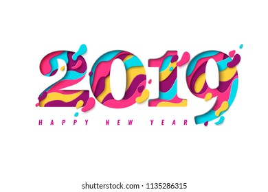 2019 Happy New Year paper craft holiday background. Vector winter holiday party invitation with paper cut numbers 2019 design for seasonal flyers, banners, posters.