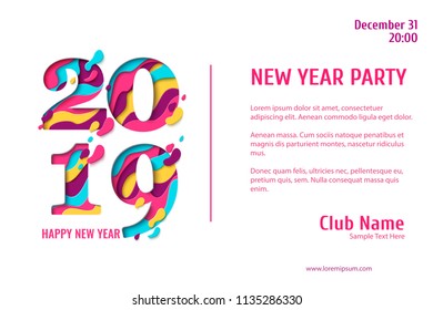 2019 Happy New Year paper craft holiday background. Vector winter holiday party invitation with paper cut numbers 2019 design for seasonal flyers, banners, posters.