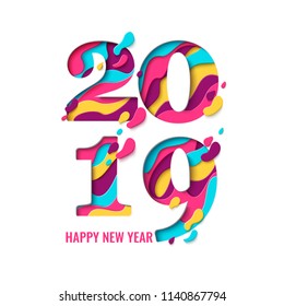 2019 Happy New Year paper craft holiday background. Vector winter holiday party invitation with paper cut numbers 2019 design for seasonal flyers, banners, posters.