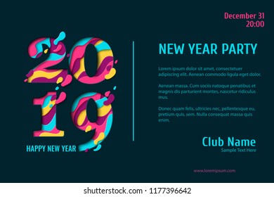 2019 Happy New Year paper craft holiday background. Vector winter holiday party invitation with paper cut numbers 2019 on dark background. Design for seasonal flyers, banners, posters.