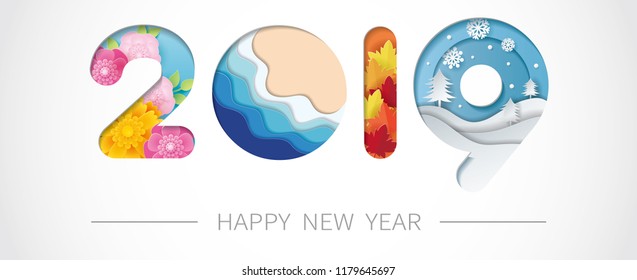 2019 happy new year paper art with spring, summer, autumn and winter. Vector illustration.