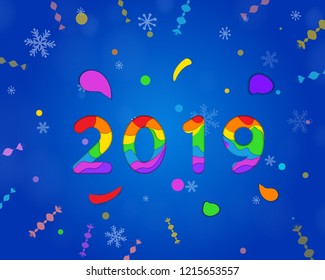 2019 Happy New Year paper craft holiday background Vector winter holiday party invitation with paper cut numbers 2019, snowflakes on blue background. Design for seasonal flyers, banners, posters. Xmas