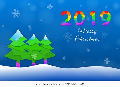 2019 Happy New Year paper craft holiday background. Vector winter holiday party invitation with paper cut numbers 2019, spruce, snowflakes on blue background. Design for flyers, banners, posters.