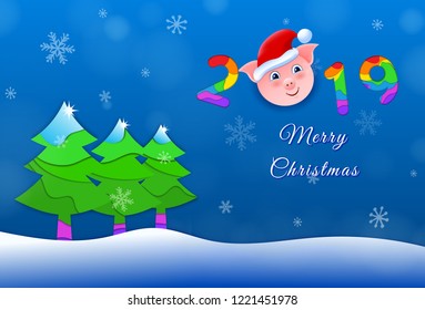 2019 Happy New Year paper craft holiday blue background. Vector winter holiday party invitation with paper cut numbers 2019, cartoon pig, snowflakes. Design for seasonal flyers, banners, posters. Xmas