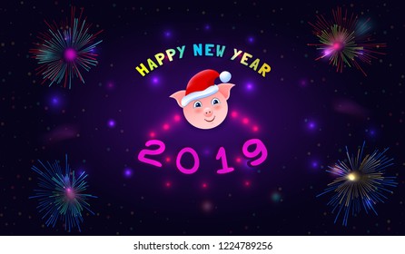 2019 Happy New Year paper craft holiday dark background. Vector winter holiday party invitation with paper cut numbers 2019, cartoon pig, fireworks. Design for seasonal flyers, banners, posters. Xmas