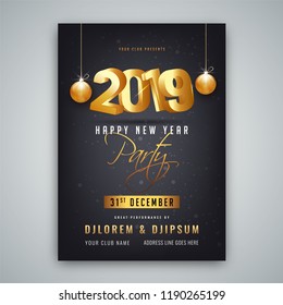 2019 Happy New Year Party invitation card or template design with date and venue details on glossy gray background.