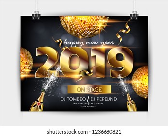 2019 Happy New Year Party invitation card or template design with gold clock and glitter, Shining background 
