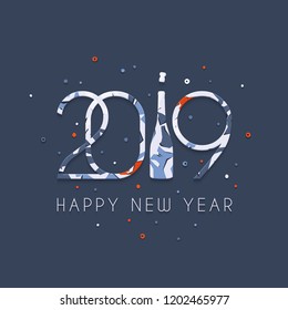 2019 Happy New Year. Patterned numbers and bottle of Champagne on blue background. New Year 2019 greeting card. Vector illustration.