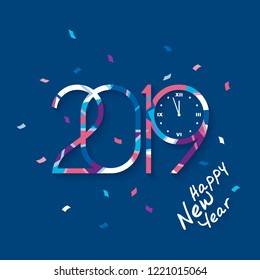 2019 Happy New Year. Patterned numbers with clock that count midnight on blue background. New Year 2019 greeting card. Vector illustration.