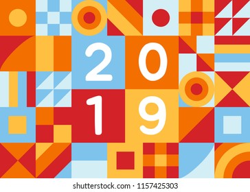 2019 happy new year of pig greeting postcard flat style design vector illustration with geometric color elements and numbers.