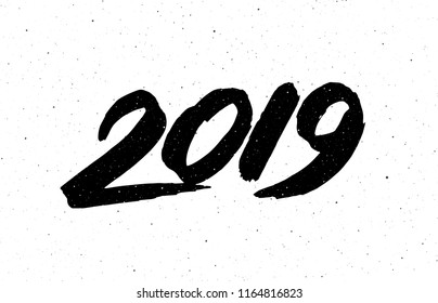 2019 Happy New Year of the Pig. Greeting card design template with chinese calligraphy for holiday. Hand drawn lettering on vintage subtle grunge background. Vector illustration