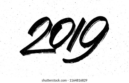 2019 Happy New Year of the Pig. Greeting card design template with chinese calligraphy for holiday. Hand drawn lettering on vintage subtle grunge background. Vector illustration