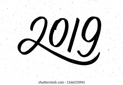 2019 Happy New Year of the Pig. Greeting card design template with chinese calligraphy for holiday. Hand drawn lettering on vintage subtle grunge background. Vector illustration