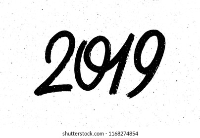 2019 Happy New Year of the Pig. Greeting card design template with chinese calligraphy for holiday. Hand drawn lettering on vintage subtle grunge background. Vector illustration