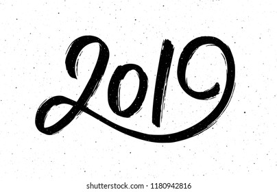 2019 Happy New Year of the Pig. Greeting card design template with chinese calligraphy for holiday. Hand drawn lettering on vintage subtle grunge background. Vector illustration