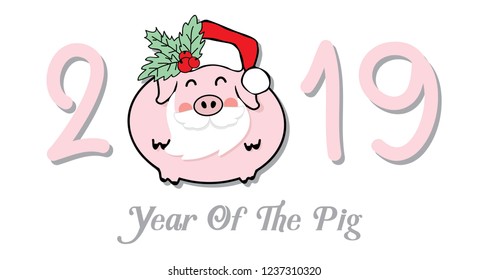 2019 Happy new year, Year of the pig, Cute piggy pink face santa claus on white background