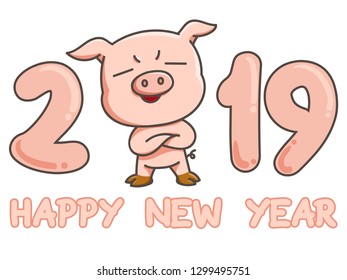 2019 happy new year with pig cartoon style isolated on white background - vector illustration