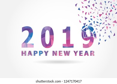 2019 Happy new year, Polygon Numbers Design of greeting card with purple color. Happy New Year Banner with 2019 Numbers isolated on white Background, Vector illustration eps 10.