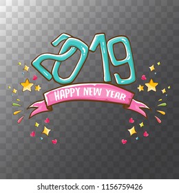 2019 Happy New Year poster or card design template. Vector happy new year greeting illustration with azure hand drawn 2019 numbers and stars isolated on transparent background