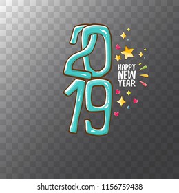 2019 Happy New Year poster or card design template. Vector happy new year greeting illustration with azure hand drawn 2019 numbers and stars isolated on transparent background