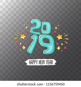 2019 Happy New Year poster or card design template. Vector happy new year greeting illustration with azure hand drawn 2019 numbers and stars isolated on transparent background