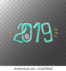 2019 Happy New Year poster or card design template. Vector happy new year greeting illustration with azure hand drawn 2019 numbers and stars isolated on transparent background