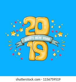 2019 Happy New Year poster or card design template. Vector happy new year greeting illustration with orange hand drawn 2019 numbers and stars isolated on blue background