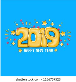 2019 Happy New Year poster or card design template. Vector happy new year greeting illustration with orange hand drawn 2019 numbers and stars isolated on blue background