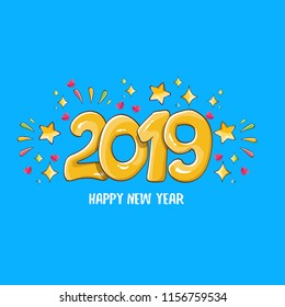 2019 Happy New Year poster or card design template. Vector happy new year greeting illustration with orange hand drawn 2019 numbers and stars isolated on blue background