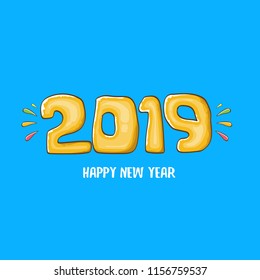 2019 Happy New Year poster or card design template. Vector happy new year greeting illustration with orange hand drawn 2019 numbers and stars isolated on blue background