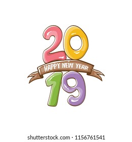 2019 Happy New Year poster or card design template. Vector happy new year greeting illustration with colored hand drawn 2019 numbers and stars isolated on white background