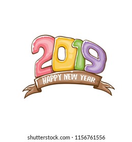 2019 Happy New Year poster or card design template. Vector happy new year greeting illustration with colored hand drawn 2019 numbers and stars isolated on white background