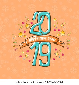 2019 Happy New Year poster or card design template. Vector happy new year greeting illustration with colored hand drawn 2019 numbers and stars isolated on orange background