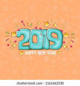 2019 Happy New Year poster or card design template. Vector happy new year greeting illustration with colored hand drawn 2019 numbers and stars isolated on orange background