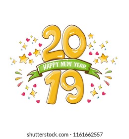 2019 Happy New Year poster or card design template. Vector happy new year greeting illustration with colored hand drawn 2019 numbers and stars isolated on white background