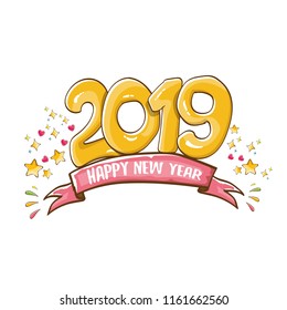 2019 Happy New Year poster or card design template. Vector happy new year greeting illustration with colored hand drawn 2019 numbers and stars isolated on white background