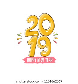 2019 Happy New Year poster or card design template. Vector happy new year greeting illustration with colored hand drawn 2019 numbers and stars isolated on white background