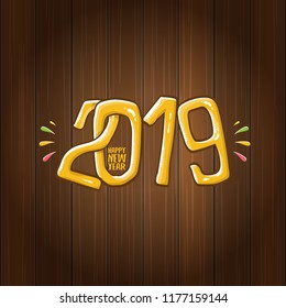 2019 Happy New Year poster or card design template. Vector happy new year greeting illustration with colored hand drawn 2019 numbers and stars isolated on wooden background