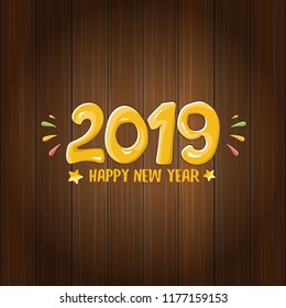 2019 Happy New Year poster or card design template. Vector happy new year greeting illustration with colored hand drawn 2019 numbers and stars isolated on wooden background