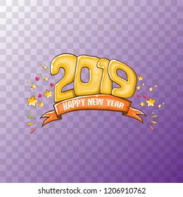 2019 Happy New Year poster or card design template. Vector happy new year greeting illustration with colored hand drawn 2019 numbers and stars isolated on transparent background